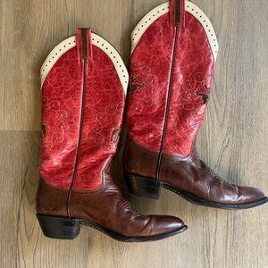 Larry Mahan Women's Red Leather Embroidered Western Horse-Riding Print Boots 7B
